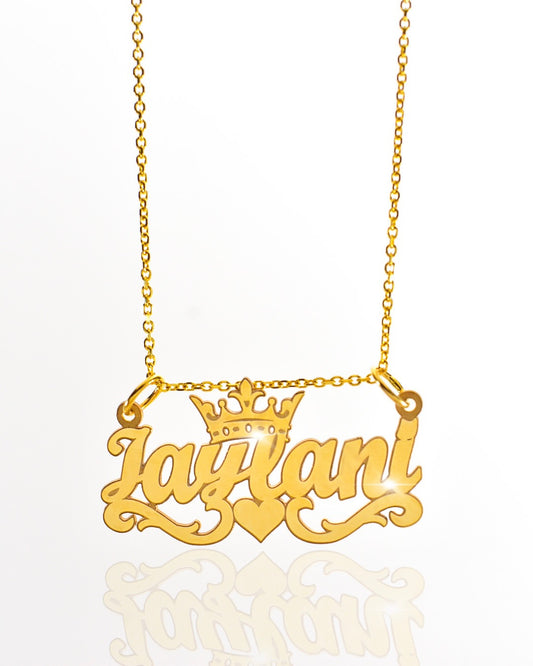 Crown and Heart Cursive Solid Gold Name Necklace