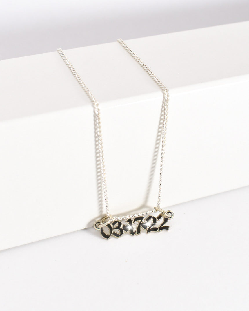 Old English Date with Hearts Mini Necklace ( GOLD -or- SILVER)