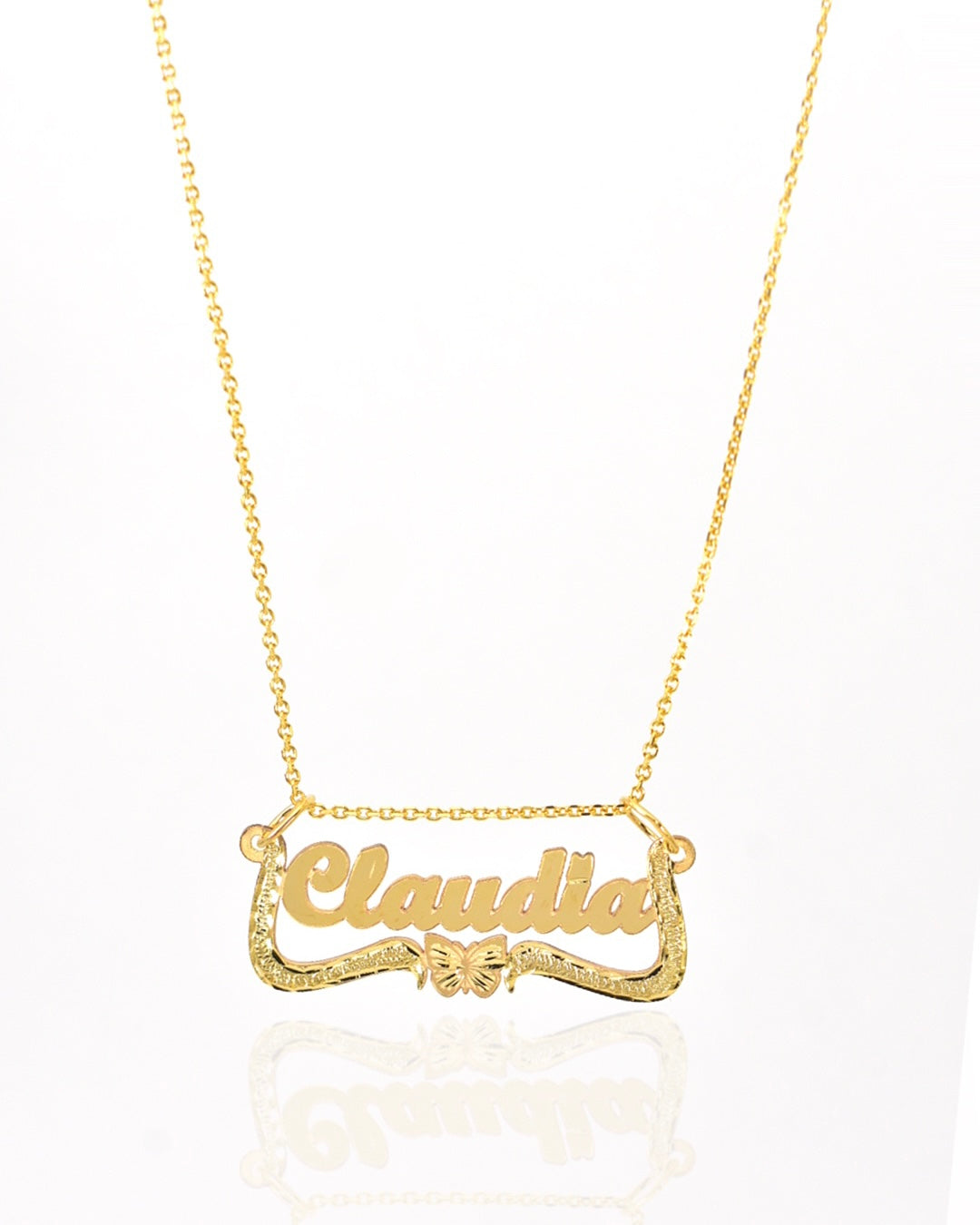 Diamond Cut Swirl Cursive Butterfly Gold Name Necklace