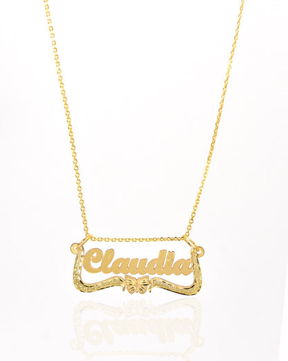 Diamond Cut Swirl Cursive Butterfly Gold Name Necklace