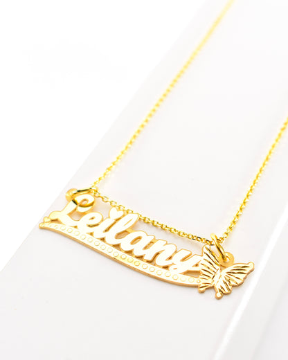 Underlined Diamond Cut Butterfly Cursive Gold Name Necklace