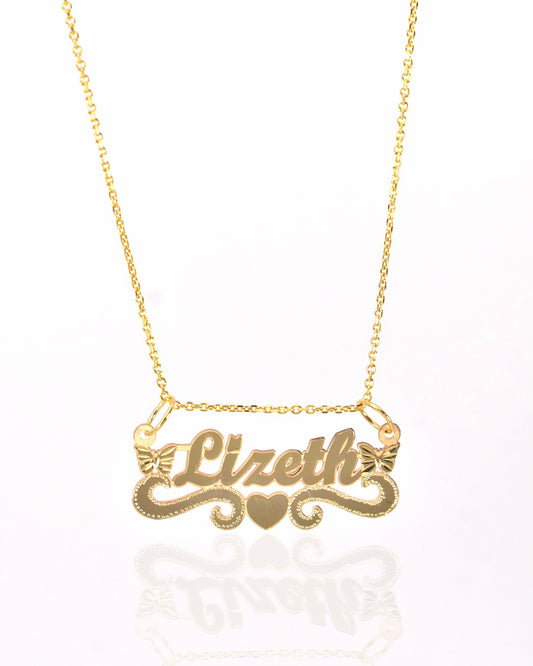 Diamond Cut Swirl Double Butterfly and Heart Cursive Gold Name Necklace