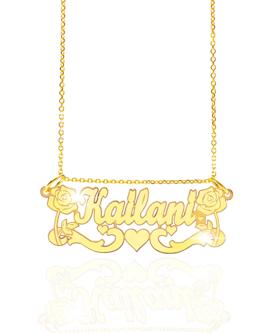 Double Rose and Heart Cursive Gold Name Necklace