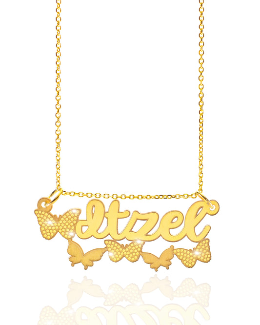 Five Butterfly Cursive Gold Name Necklace